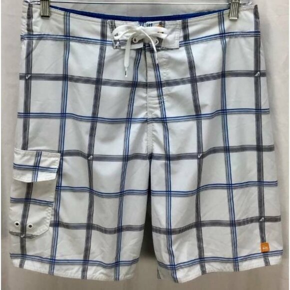 QuikSilver Swimwear 36 White Plaid Board Shorts High Rise Pockets Mens 1267 - Picture 1 of 4
